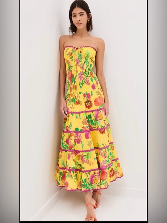 Farm Rio Delicate Fruit Garden Smocked Maxi Dress Size L Boho Vacation - Picture 2 of 10